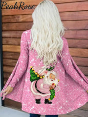 Pink Christmas Santa Print Loose Cardigan