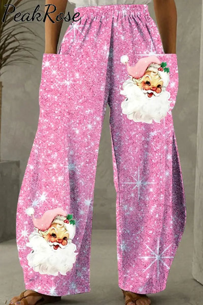 Pink Christmas Santa Print Loose Pocket Pants S / Photo Color