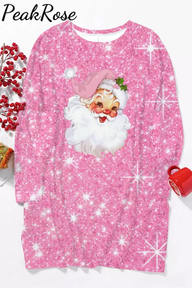 Pink Christmas Santa Print Loose Tunic With Pockets