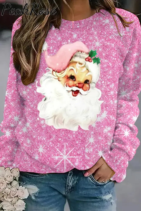 Pink Christmas Santa Print Sweatshirt S /