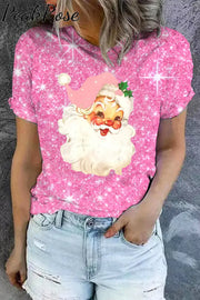 Pink Christmas Santa Print T-Shirt S T-Shirt