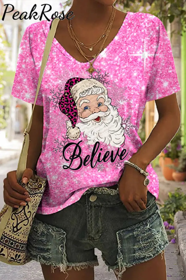 Pink Christmas Santa Print V-Neck T-Shirt T-Shirt