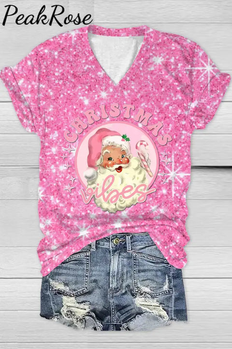 Pink Christmas Santa Print V-Neck T-Shirt T-Shirt