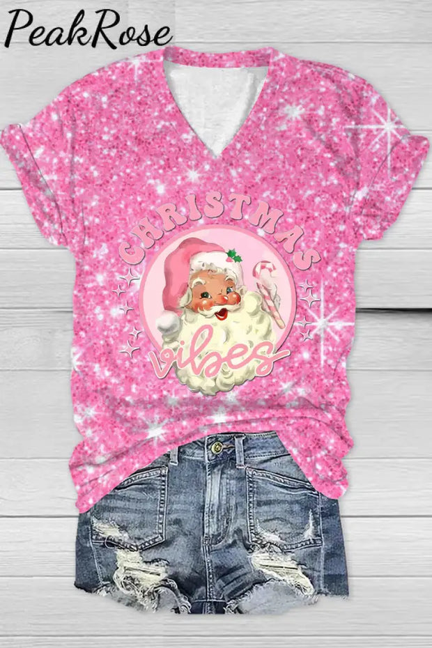 Pink Christmas Santa Print V-Neck T-Shirt T-Shirt