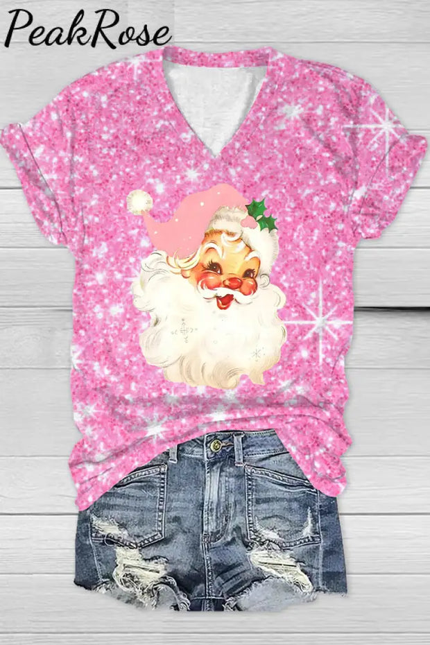 Pink Christmas Santa Print V-Neck T-Shirt T-Shirt