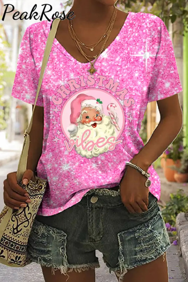 Pink Christmas Santa Print V-Neck T-Shirt S T-Shirt