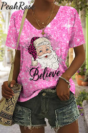 Pink Christmas Santa Print V-Neck T-Shirt S T-Shirt