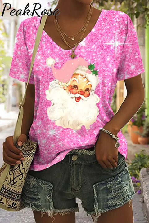 Pink Christmas Santa Print V-Neck T-Shirt S / T-Shirt