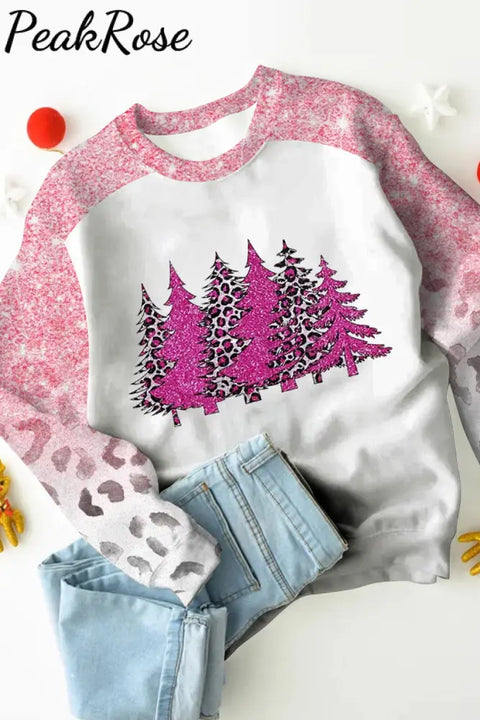 Pink Christmas Tree Print Casual Sweatshirt