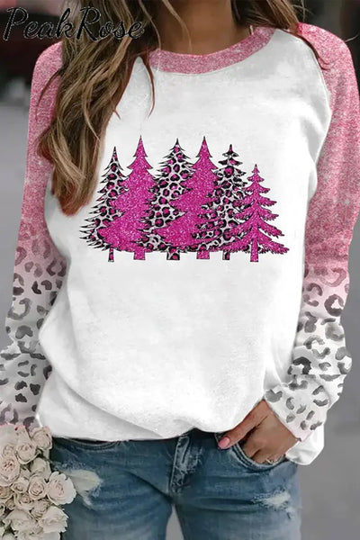 Pink Christmas Tree Print Casual Sweatshirt S / Photo Color