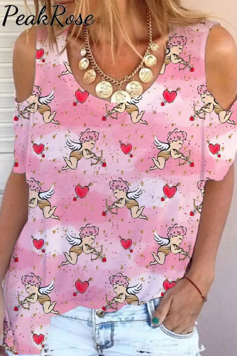 Pink Cupid Print Cold Shoulder T-Shirt S / T-Shirt