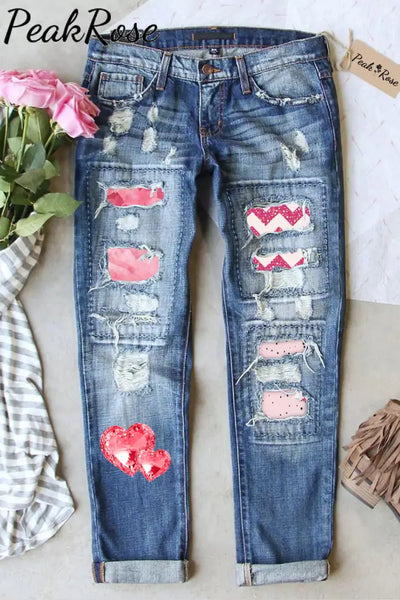 Pink Diamond Double Heart Print Ripped Jeans