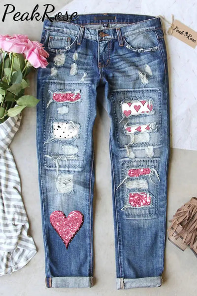 Pink Diamond Heart Print Jeans S