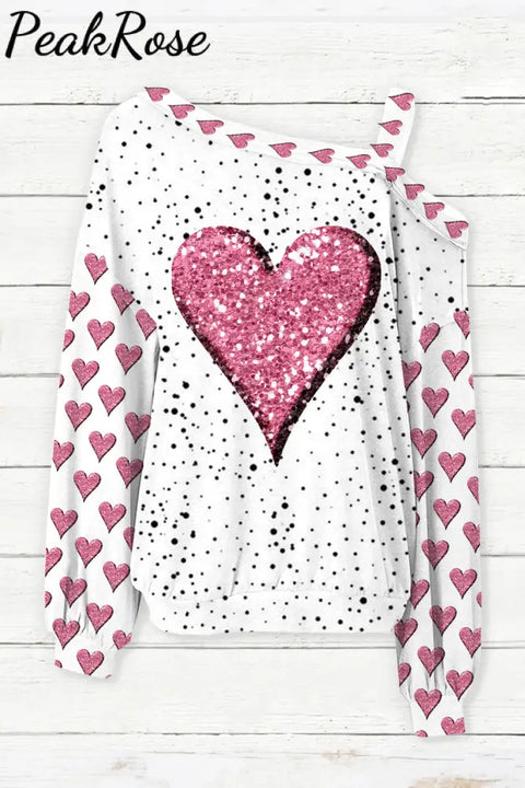 Pink Diamond Heart Print Strapless Off-Shoulder Long-Sleeved Blouse