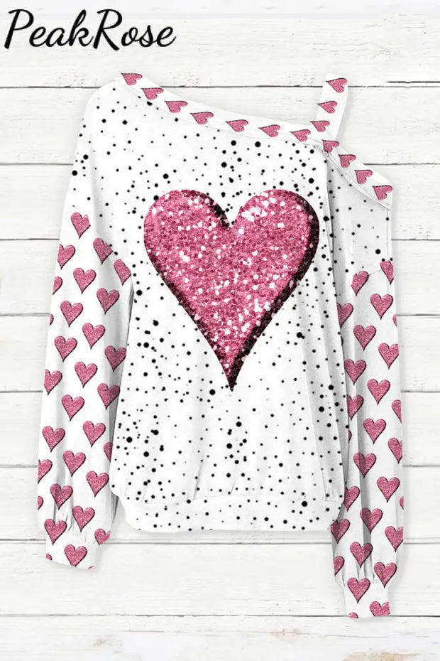 Pink Diamond Heart Print Strapless Off-Shoulder Long-Sleeved Blouse