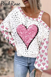 Pink Diamond Heart Print Strapless Off-Shoulder Long-Sleeved Blouse S /