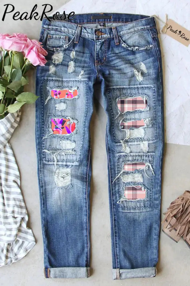 Pink Flamingo Plaid Ripped Denim Jeans