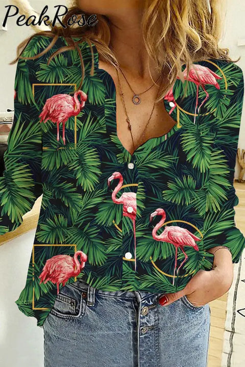 Pink Flamingo Print Open Button Long Sleeve Shirt