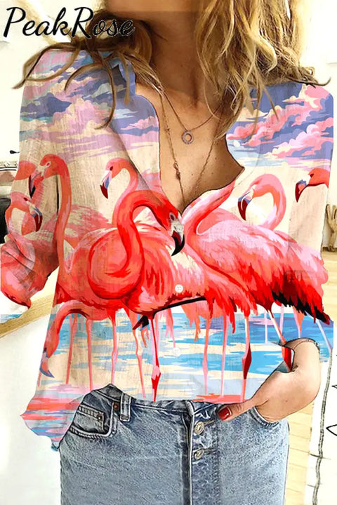 Pink Flamingo Print Open Button Long Sleeve Shirt S / Photo Color Women