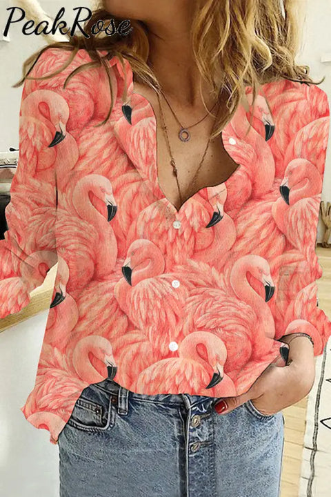 Pink Flamingo Print Open Button Long Sleeve Shirt S / Photo Color Women