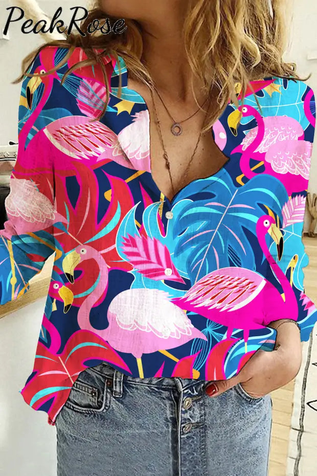 Pink Flamingo Print Open Button Long Sleeve Shirt S / Photo Color Women