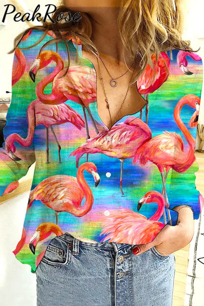 Pink Flamingo Print Open Button Long Sleeve Shirt S / Photo Color Women