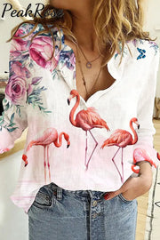 Pink Flamingo Print Open Button Long Sleeve Shirt S / Photo Color Women