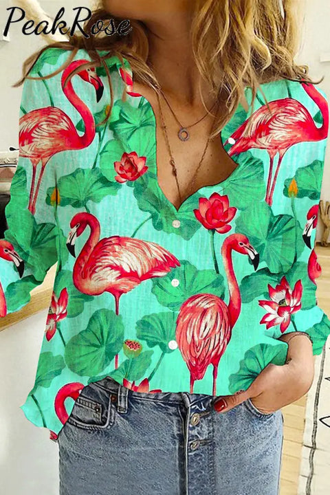 Pink Flamingo Print Open Button Long Sleeve Shirt S / Photo Color Women