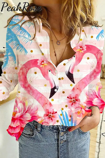 Pink Flamingo Print Open Button Long Sleeve Shirt S / Photo Color Women