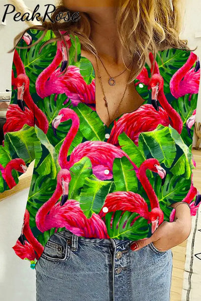 Pink Flamingo Print Open Button Long Sleeve Shirt S / Photo Color Women