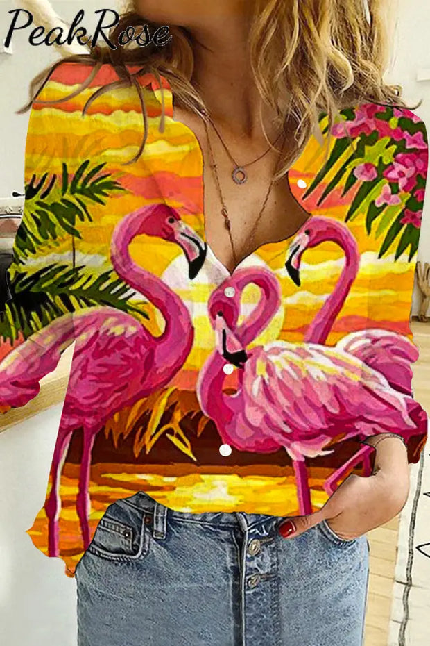 Pink Flamingo Print Open Button Long Sleeve Shirt S / Photo Color Women