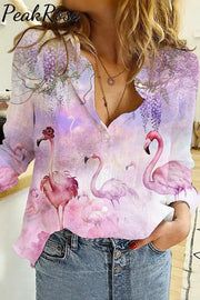 Pink Flamingo Print Open Button Long Sleeve Shirt S / Photo Color Women