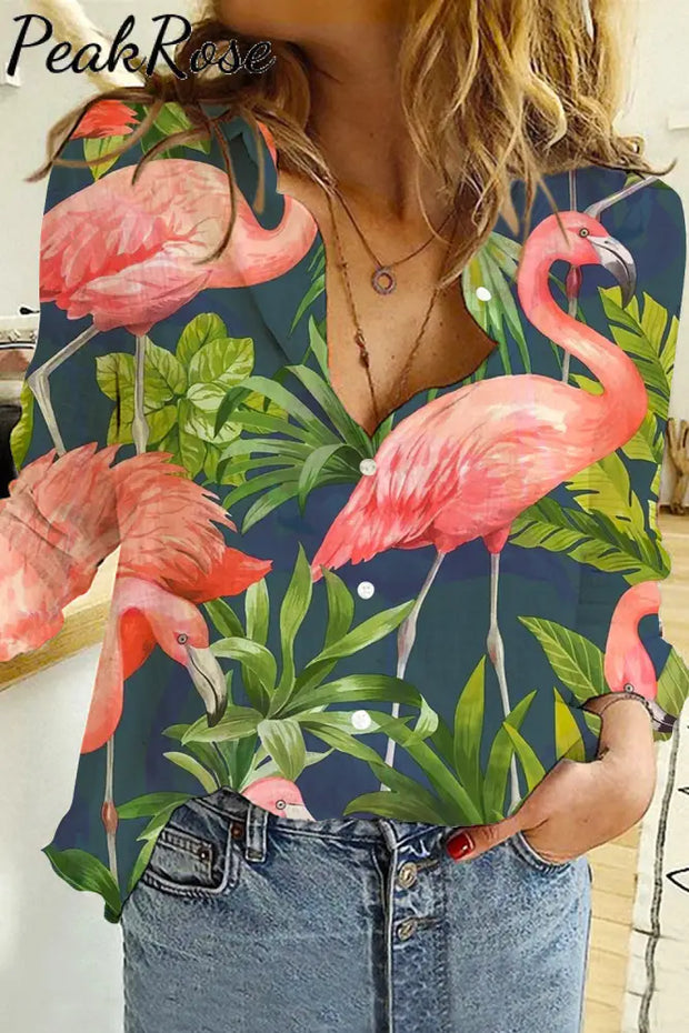 Pink Flamingo Print Open Button Long Sleeve Shirt S / Photo Color Women