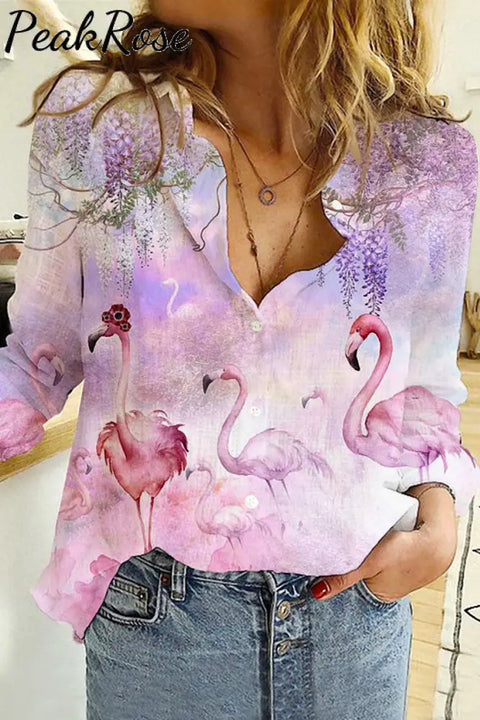 Pink Flamingo Print Open Button Long Sleeve Shirt Women