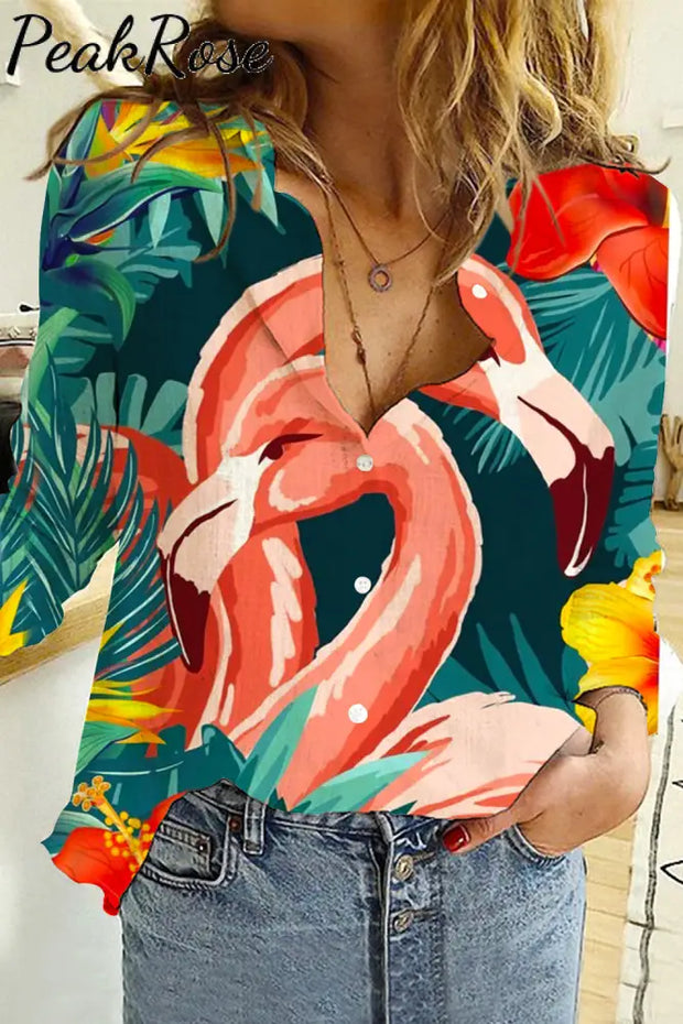 Pink Flamingo Print Open Button Long Sleeve Shirt Women