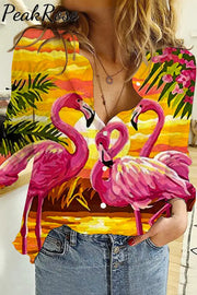 Pink Flamingo Print Open Button Long Sleeve Shirt Women