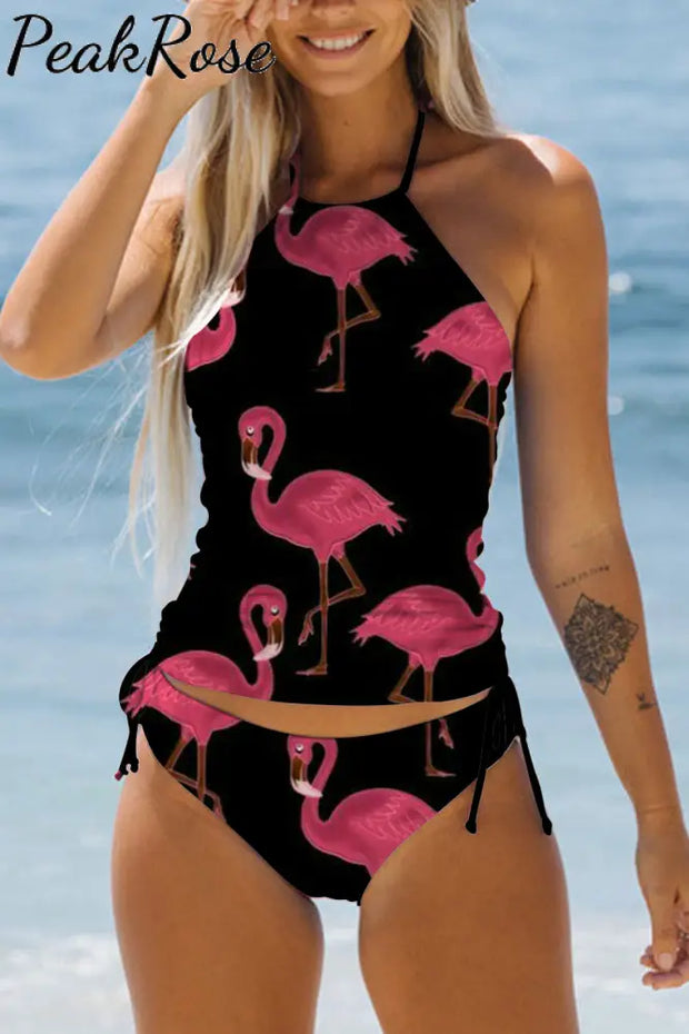 Pink Flamingos Black Bikini Swimsuit