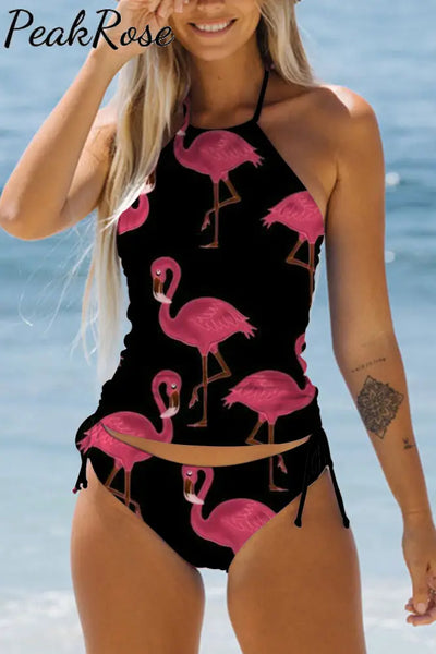 Pink Flamingos Black Bikini Swimsuit S