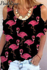 Pink Flamingos Black Cold Shoulder T-Shirt