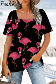 Pink Flamingos Black Square Neck T-Shirt S / T-Shirt