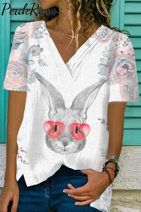 Pink Flower Love Sunglasses Sketch Rabbit Head Fold V Neck Loose T-Shirt