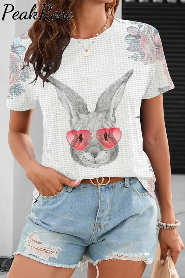 Pink Flower Love Sunglasses Sketch Rabbit Head O Neck T-Shirt