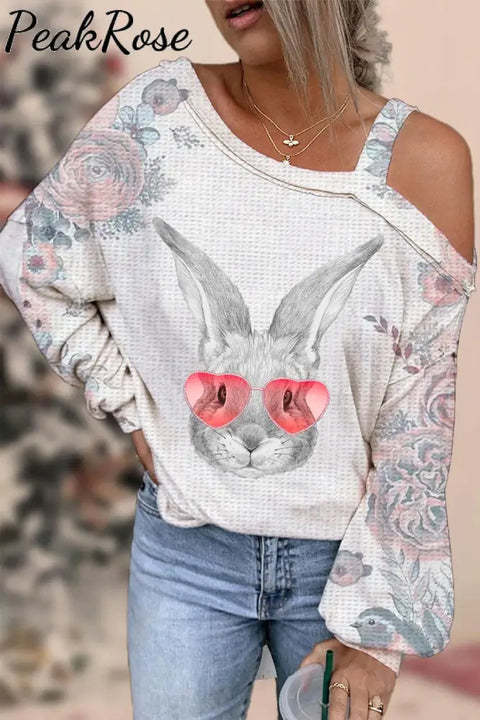 Pink Flower Love Sunglasses Sketch Rabbit Head Off Shoulder Blouse