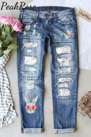 Pink Flower Love Sunglasses Sketch Rabbit Head Ripped Denim Jeans