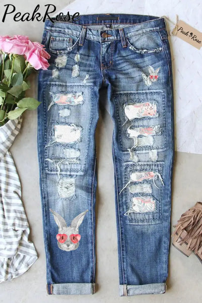 Pink Flower Love Sunglasses Sketch Rabbit Head Ripped Denim Jeans S