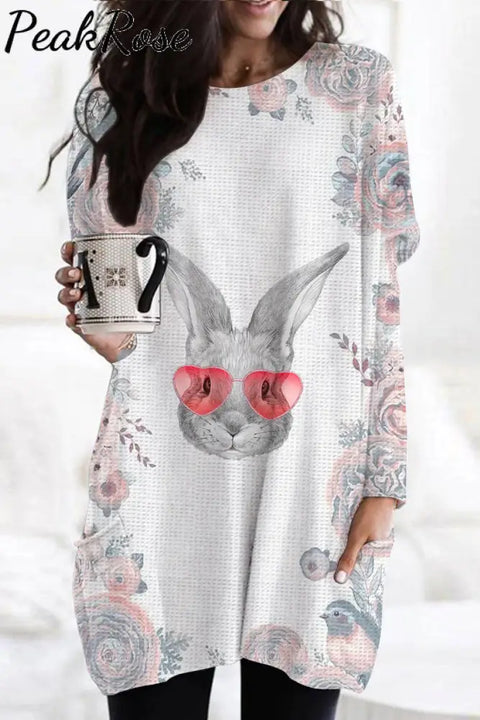 Pink Flower Love Sunglasses Sketch Rabbit Head Tunic With Pockets