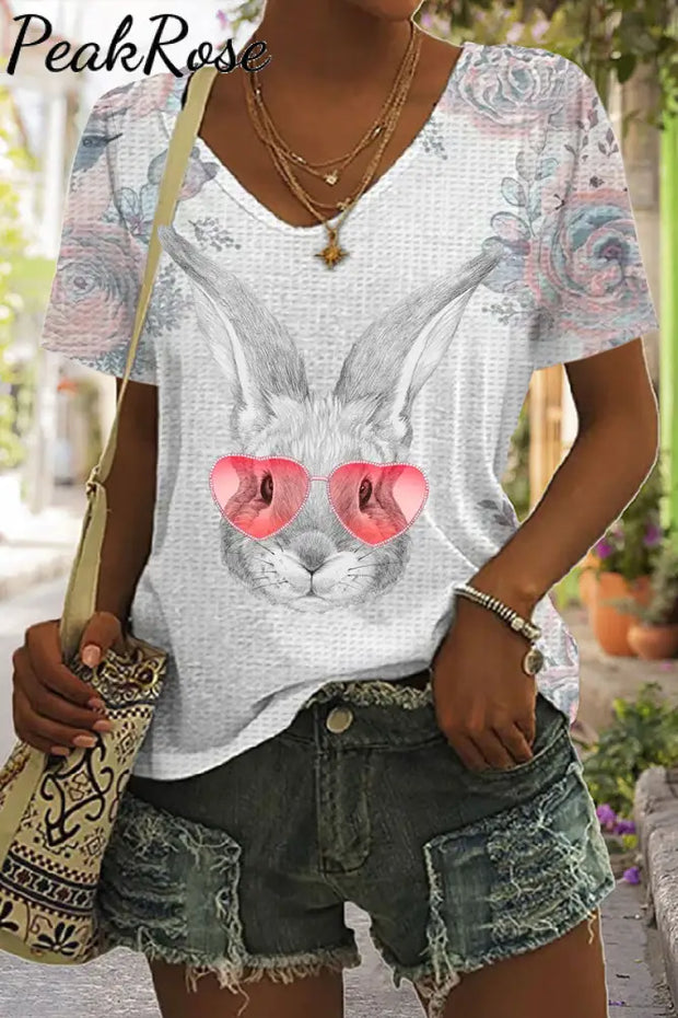 Pink Flower Love Sunglasses Sketch Rabbit Head V Neck T-Shirt