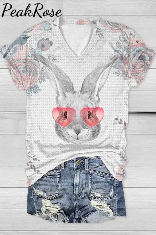 Pink Flower Love Sunglasses Sketch Rabbit Head V Neck T-Shirt