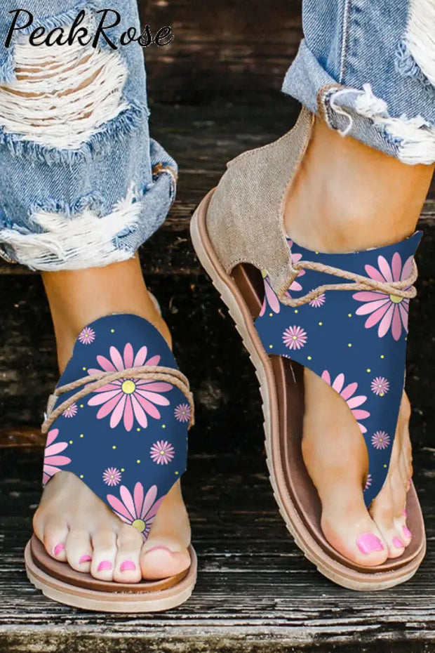 Pink Gerbera Printed Zipper Flat Sandals Blue / 3.5(35)