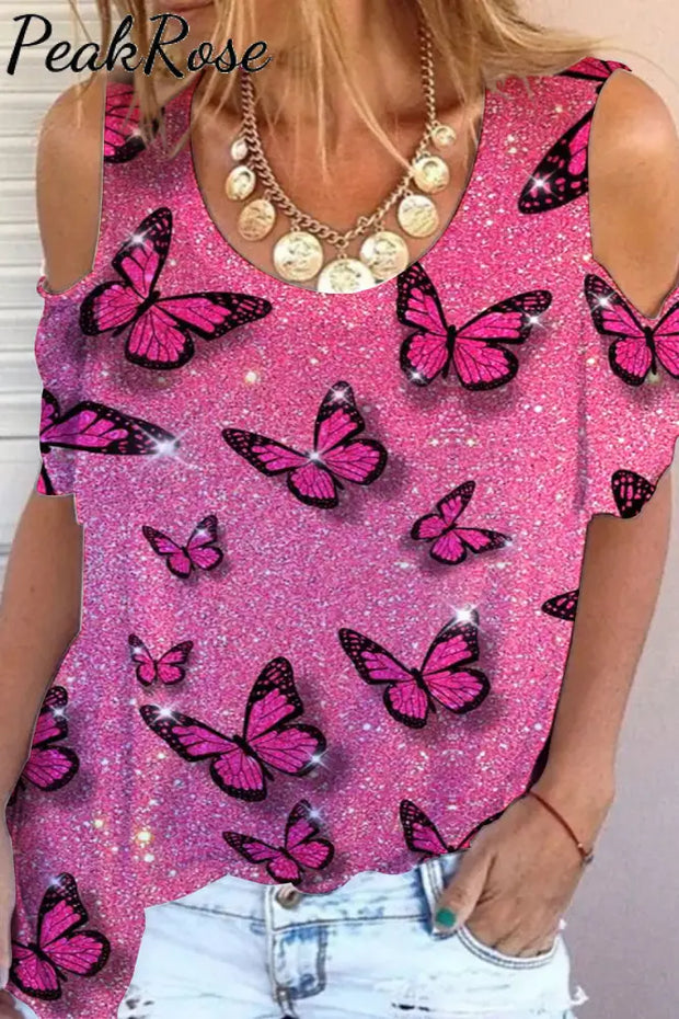 Pink Glitter Butterflies Print Cold Shoulder T-Shirt T-Shirt